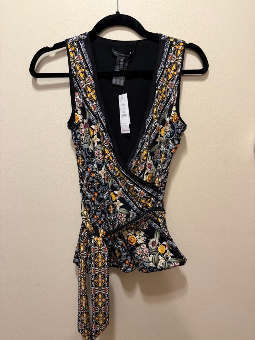 White House Black Market Black Floral Wrap Tank with Yellow Accents